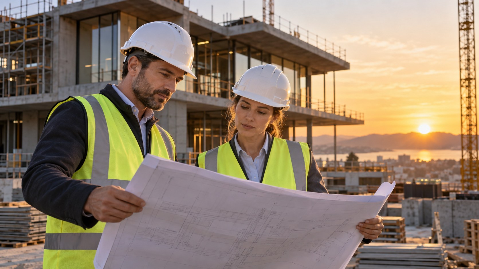 Construction engineers reviewing plans on site