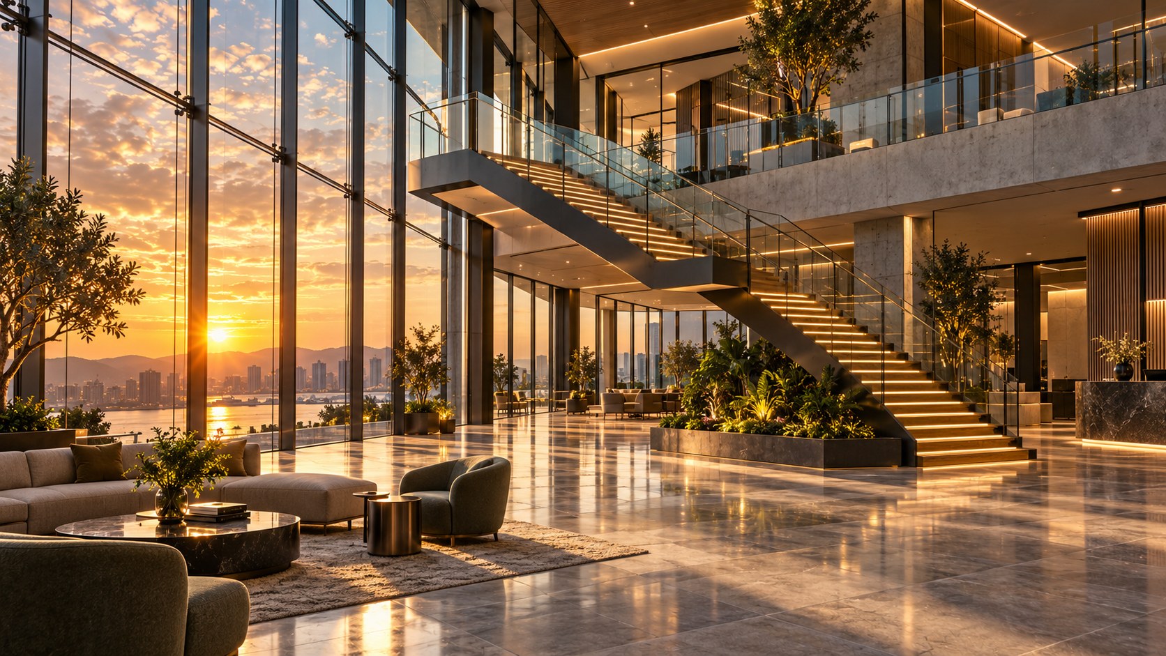 Premium atrium interior with sculptural illuminated staircase
