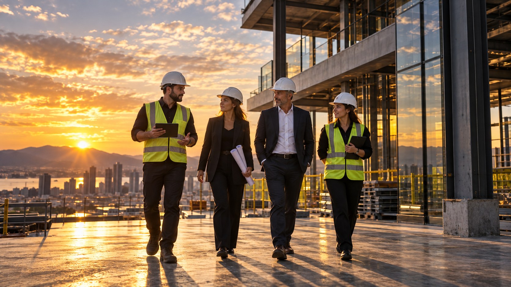 Construction and design team walking through a live project
