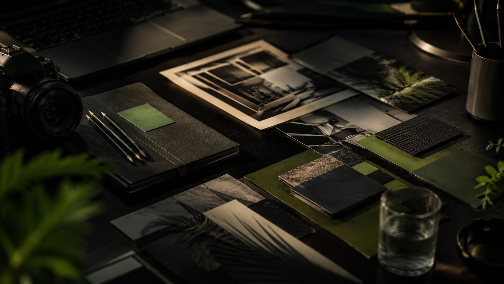 Creative desk with campaign layouts, material studies and visual references