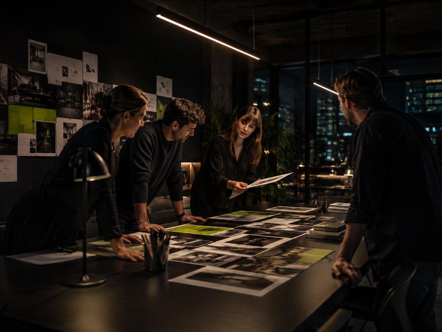 Brand strategy team reviewing a visual identity system